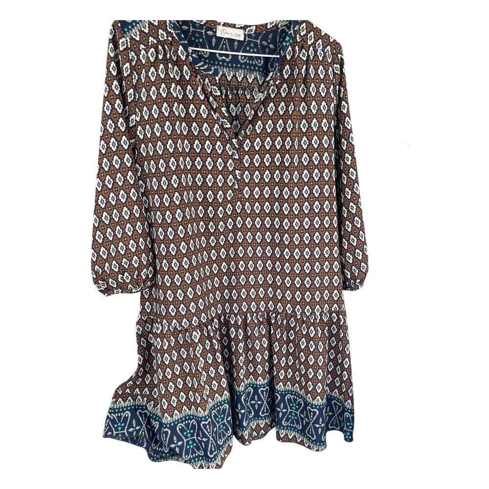 Tea n Rose Medium Indie Dress Brown and Blue Geometric Pattern Knee Length